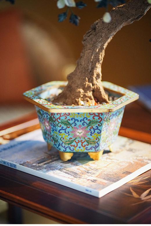 【已售】独角鹿西洋古董 20世纪中国创汇时期出品宝相花纹景泰蓝盆装饰「海棠花」珍宝像生盆景 商品图4