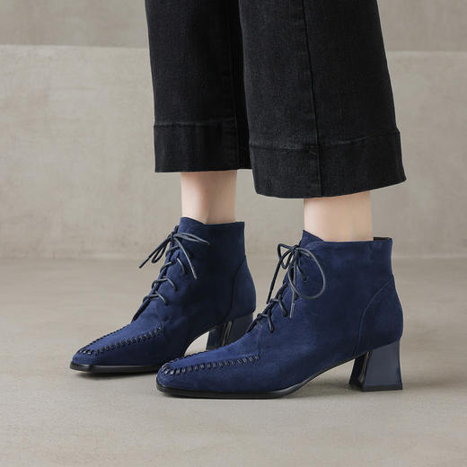 【预售5天】秋冬新款羊反皮方头舒适单靴系带显瘦切尔西短靴子女AJ&JL-878 商品图3