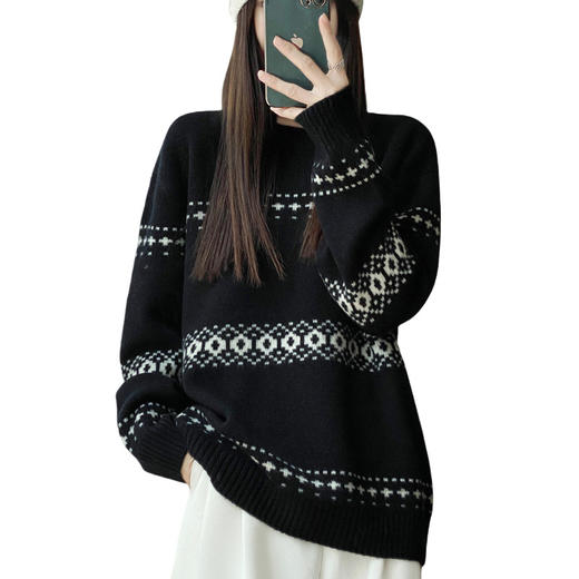 丁摩100%纯羊毛新款女式宽松圆领复古加厚套头打底针织衫毛衣ALM2-461 商品图4