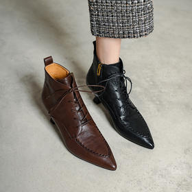 【预售5天】秋冬新款牛皮复古尖头显瘦时装靴系带加绒气质通勤细跟短靴女PS&PS2516