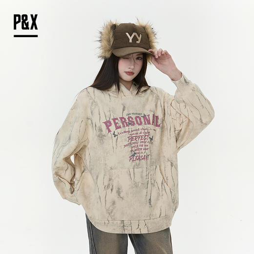 P&X设计师女装2025冬季连帽扎染高街中长款卫衣 825417150 杏色 商品图0