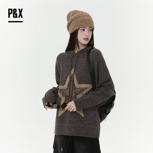 P&X设计师女装2025冬季连帽中长款毛衣保暖套头825418188 咖色 商品图3