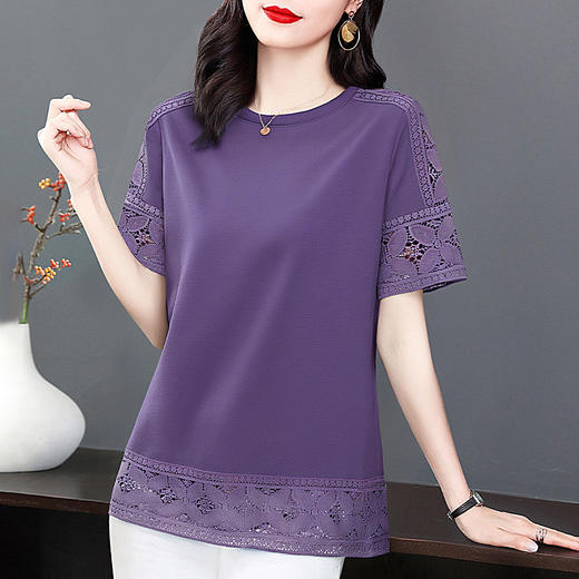 圆领短袖女t恤夏季2026新款胖mm大码女装宽松紫色女士上衣高级感 商品图1