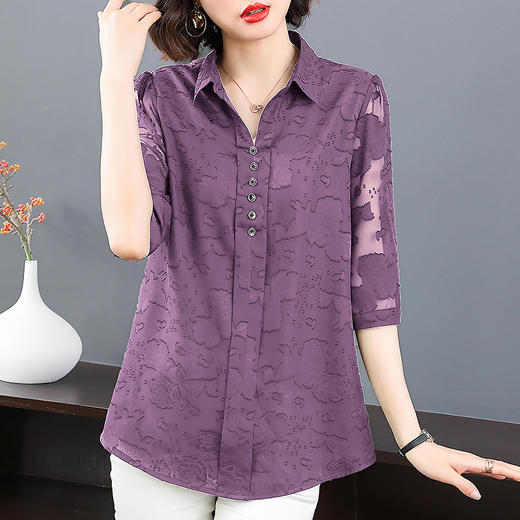 中年女雪纺衫夏季大码女装宽松遮肚子上衣新款妈妈中袖七分袖衬衫 商品图2