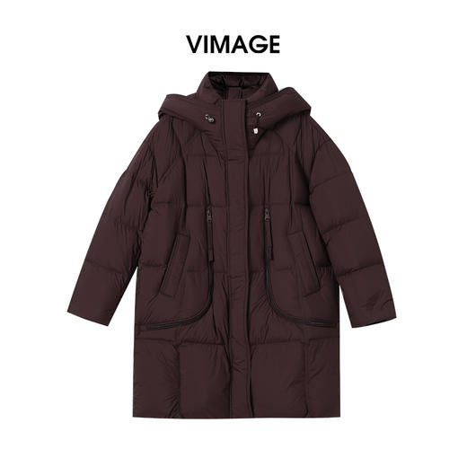 VIMAGE纬漫纪高领连帽设计巧克力色时尚保暖2025冬季新款羽绒服V2411105 商品图0