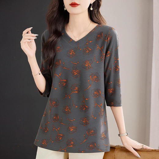 v领七分袖女士上衣2026新款春秋大码女装宽松时尚洋气妈妈中袖t恤 商品图3