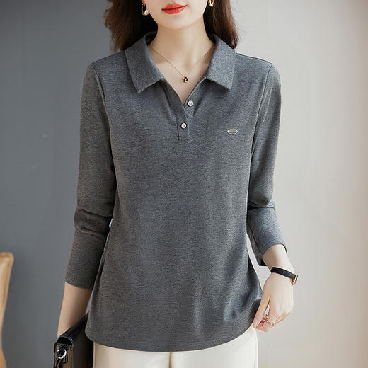 polo领女士长袖t恤2026新款早秋季大码女装宽松休闲有领灰色上衣 商品图0