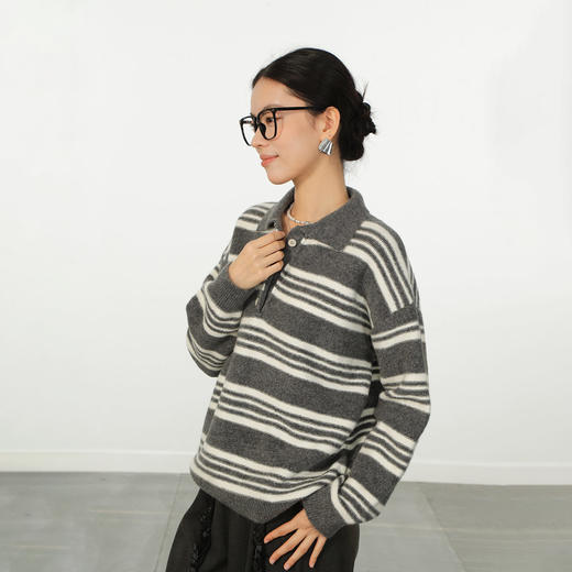 极简撞色条纹翻领套头打底针织毛衣-纪念日百货门店同款166594099 商品图3