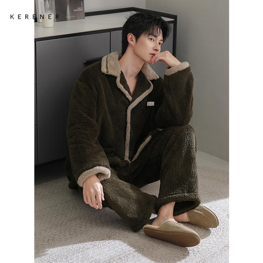 可人儿冬季男士保暖舒棉绒睡衣秋冬休闲翻领男款加厚珊瑚绒家居服 商品图3
