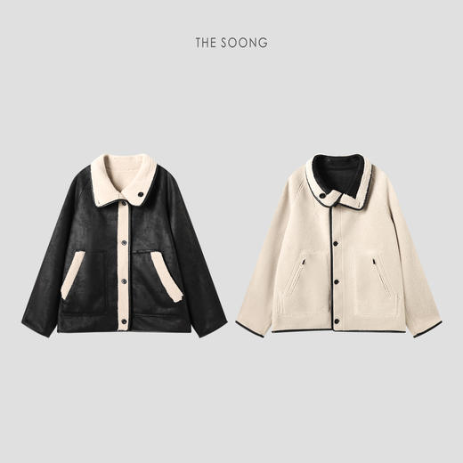 THESOONG|"利落轮廓"复古高密锁温皮革肌理手缝牛角扣廓形外套HLWT7808 商品图8