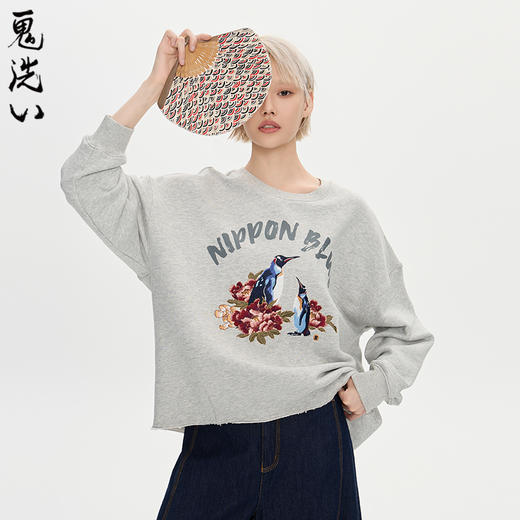 ONIARAI/鬼洗25秋冬泥棒蓝女款企鹅刺绣宽版卫衣女式 N240158 商品图1