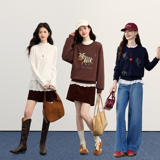 【11/5新品】熙世界假两件蕾丝边拼接内搭半高领白色T恤打底衫女2025秋冬新款 商品图3