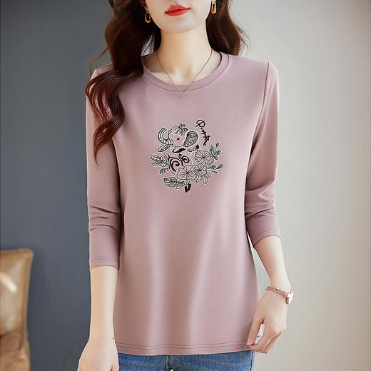 正肩大码长袖t恤女宽松减龄粉色上衣秋季2026新款女士打底衫内搭 商品图3