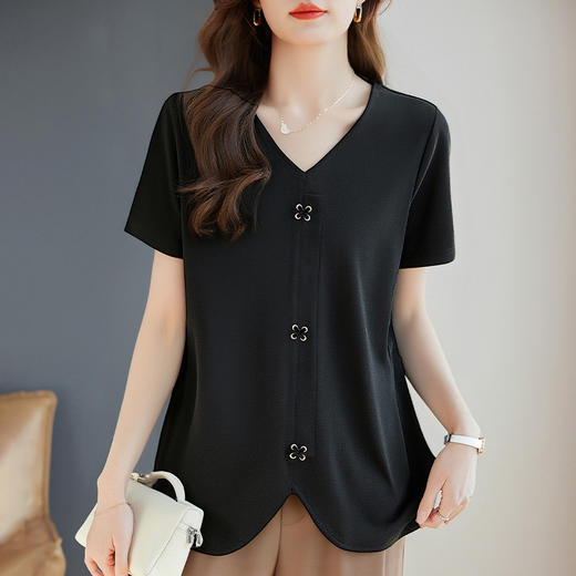 v领黑色短袖t恤女士夏季新款大码女装纯棉体恤衫洋气今年流行上衣 商品图1