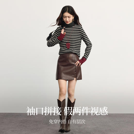 【11/5新品】熙世界肌柔纱磨毛黑白条纹打底衫女2025冬季新款长袖高领T恤上衣 商品图1