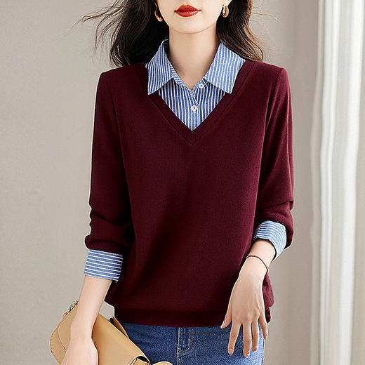 假两件毛衣女洋气秋季新款宽松衬衫领撞色上衣大码拼接长袖针织衫 商品图1