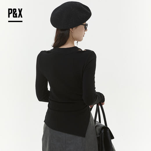 P&X设计师女装2025冬季长袖时尚内搭修身短款T恤825402098 黑色 商品图4
