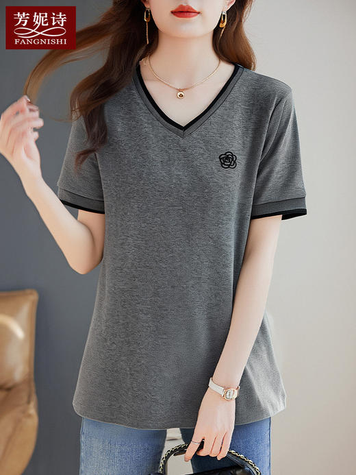 芳妮诗灰色短袖t恤女2026夏季新款女装薄款上衣宽松半袖洋气体恤 商品图0