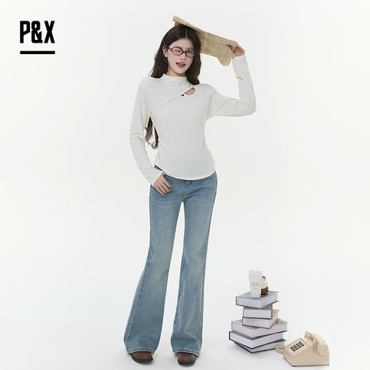 P&X设计师女装2025冬季针织长袖打底衫立领短款T恤825402097 杏色 商品图1
