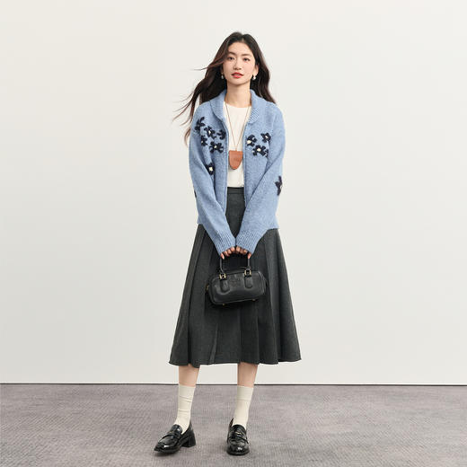 【周末秒杀】熙世界浪漫复古蓝色提花毛衣开衫女秋冬拉链翻领羊毛针织短款外套 商品图2