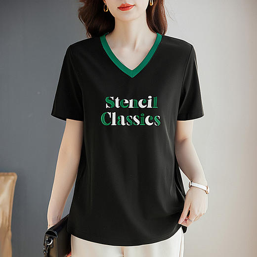 黑色女士短袖t恤夏季2026新款宽松大码胖mm显瘦遮肉V领上衣中长款 商品图0