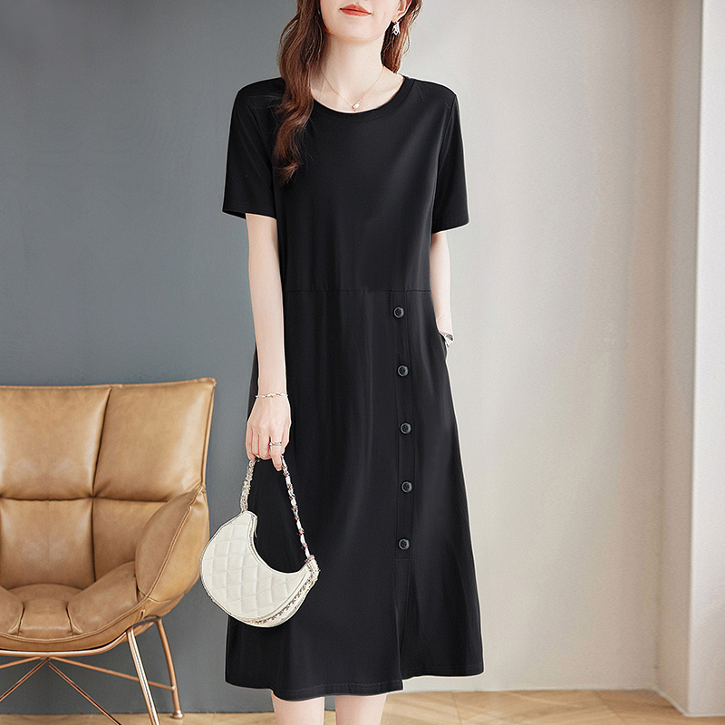 宽松a字连衣裙女夏2026新款胖mm大码黑色女士休闲气质裙子高级感