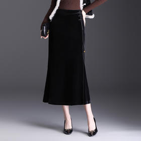 国风复古丝绒鱼尾裙，高腰包臀裙时尚中长款黑色半身裙MYX-YGLR-M289-Y