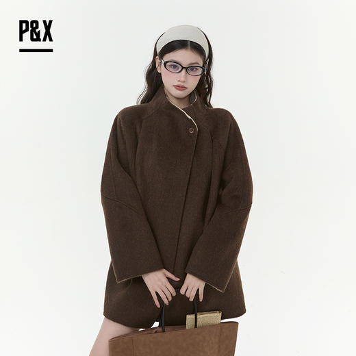 P&X设计师女装2025冬季复古双面呢中长款大衣外套825421111 咖色 商品图3