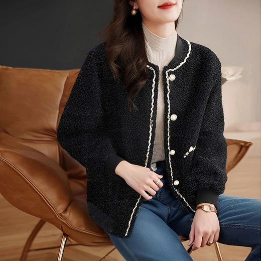 加绒小香风外套女士秋冬季新款大码女装摇粒绒棒球服黑色加厚上衣 商品图1