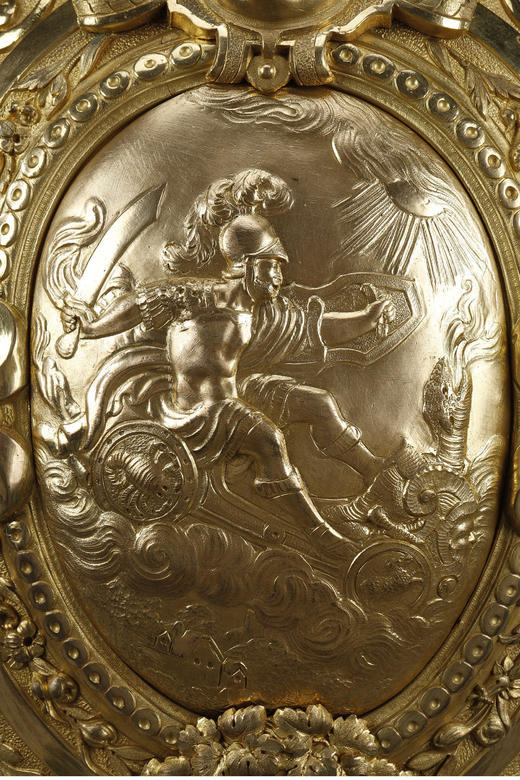 独角鹿西洋古董 19世纪法国出品新文艺复兴风格古典神话人物主题铜鎏金精雕双耳带盖花瓶 商品图4