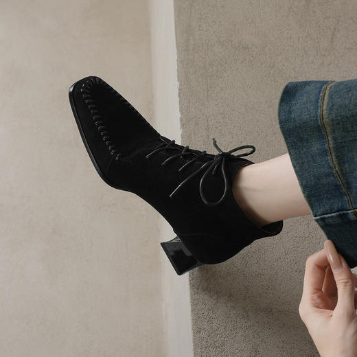 【预售5天】秋冬新款羊反皮方头舒适单靴系带显瘦切尔西短靴子女AJ&JL-878 商品图1