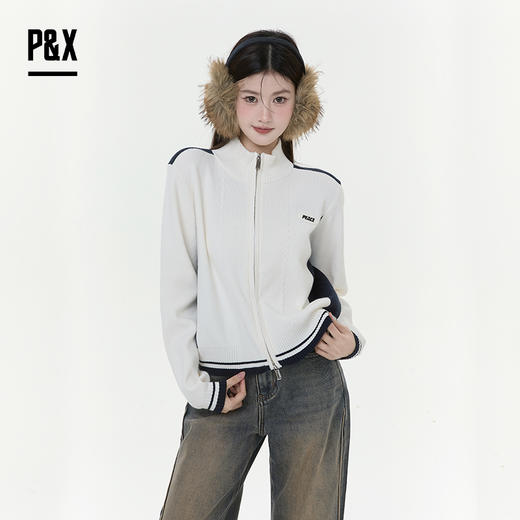 P&X设计师女装2025冬季立领短款毛衣针织衫拼色 825418182 杏色 商品图3