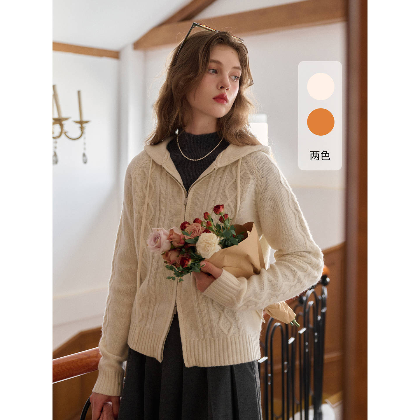 【三石专属】SimpleRetro冬日之梦 法式全羊毛连帽针织开衫女冬款软糯绞花毛衣