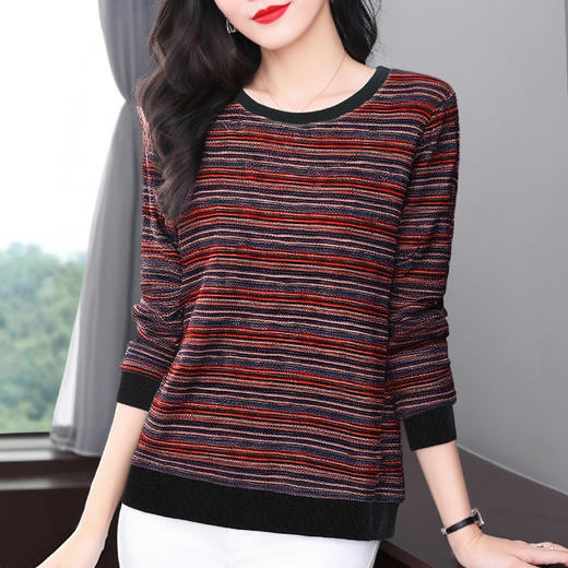 德绒长袖t恤女中年妈妈春秋新款上衣大码秋衣外穿条纹低领打底衫 商品图2