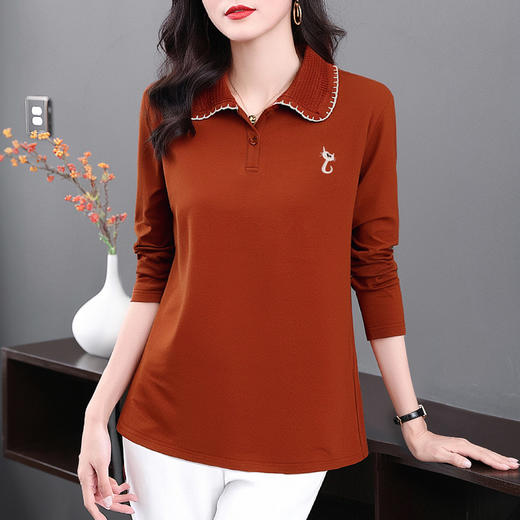 中年妈妈秋装长袖T恤女2026新款大码polo衫花边翻领上衣洋气减龄 商品图2