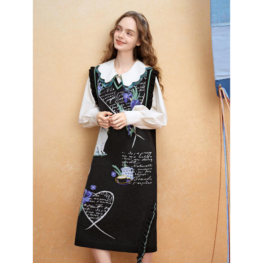 两三事梵高文艺墨夜巡鸢2025冬季新款荷叶边袖口针织背心裙连衣裙 商品图1