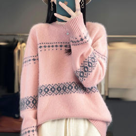 丁摩100%纯羊毛新款女式宽松圆领复古加厚套头打底针织衫毛衣ALM2-461