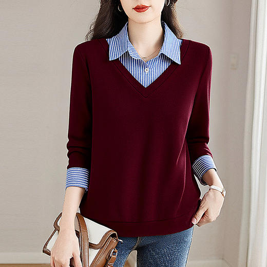 假两件毛衣女洋气秋季新款宽松衬衫领撞色上衣大码拼接长袖针织衫 商品图2