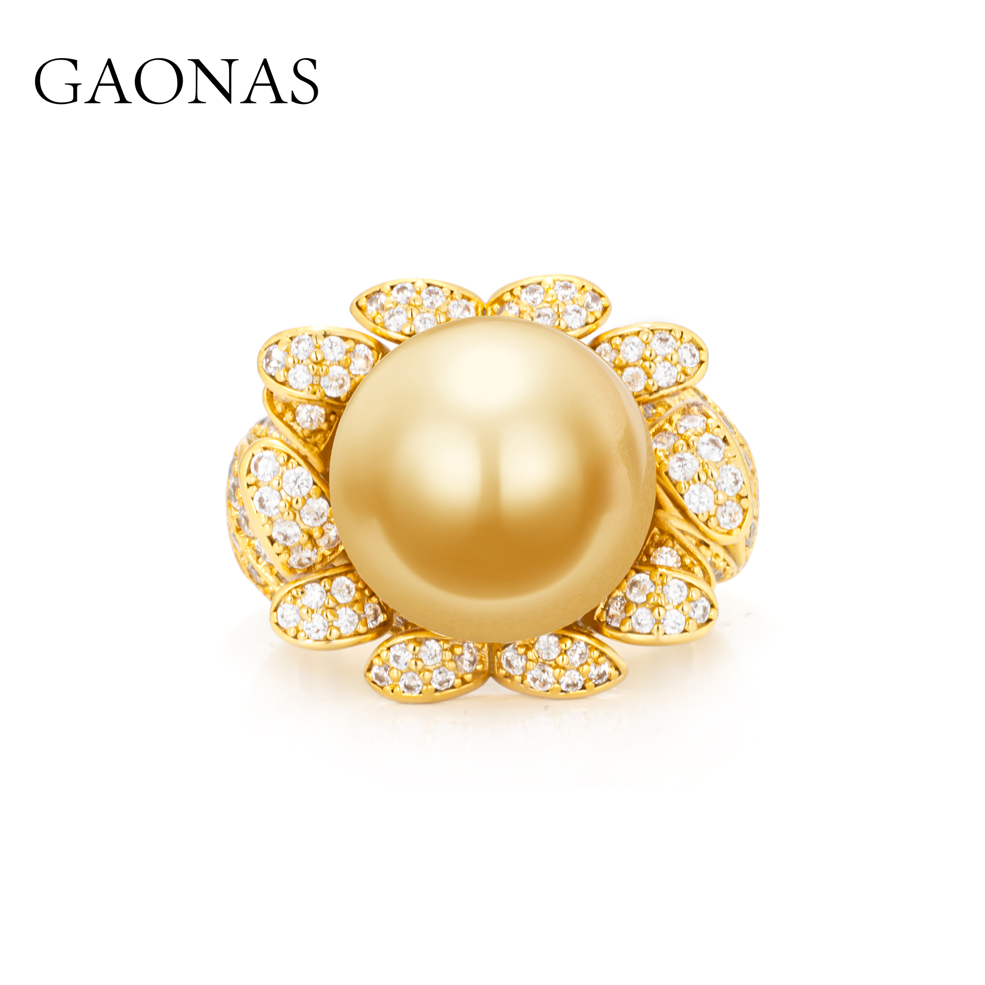 GAONAS 仿珍珠戒指 女士花朵设计14mm金色珠戒指11755JGO