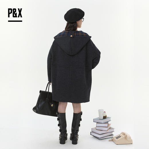 P&X设计师女装2025冬季格纹时尚双面呢中长款大衣825421112 灰色 商品图4