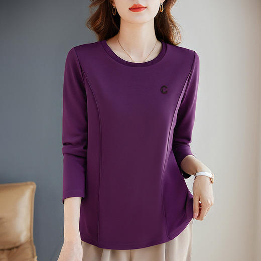 大码长袖T恤女士秋季新款薄款正肩紫色上衣遮肚子显瘦女装打底衫 商品图4