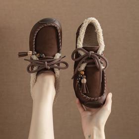 头层牛皮！2025宽脚胖脚加厚保暖皮鞋复古民族风软底软面妈妈鞋系带毛鞋！