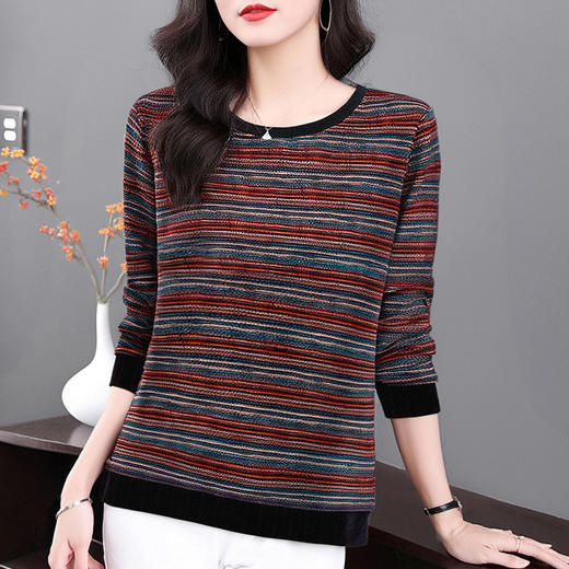 德绒长袖t恤女中年妈妈春秋新款上衣大码秋衣外穿条纹低领打底衫 商品图4