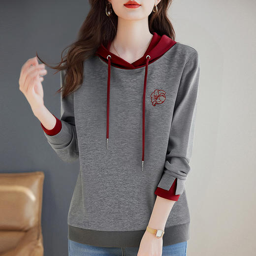 连帽卫衣女长袖2026秋季新款正肩套头女士上衣薄款宽松撞色外套 商品图3