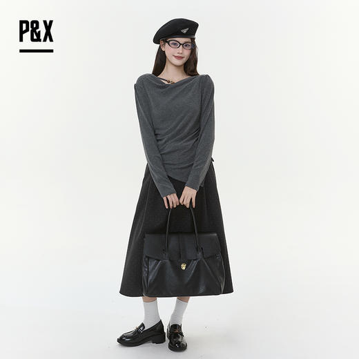 P&X设计师女装2025冬季褶皱修身长袖荡领短款T恤825402095 灰色 商品图1