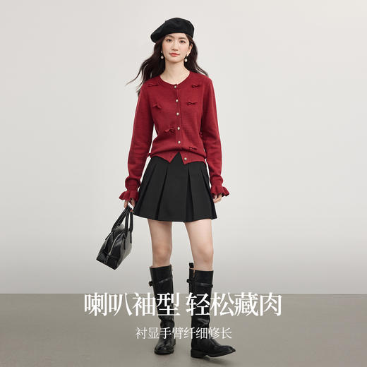 【周末秒杀】熙世界26支安迪绒蝴蝶结长袖圆领红色针织开衫毛衣女2025秋冬新款 商品图1