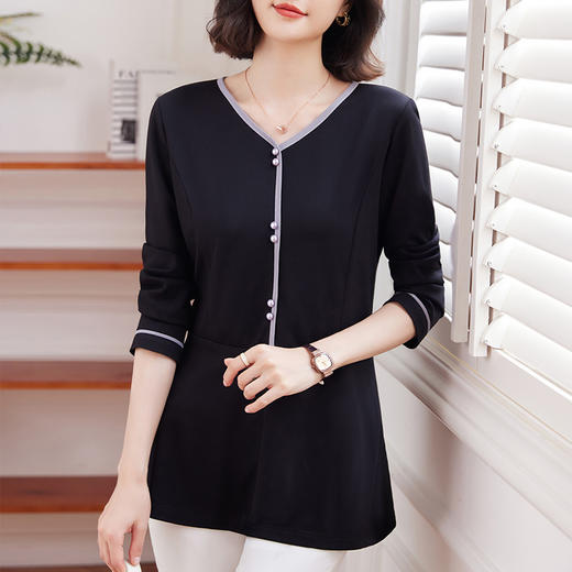 v领长袖上衣女春秋季2026年新款洋气收腰小衫大码t恤中长款打底衫 商品图0