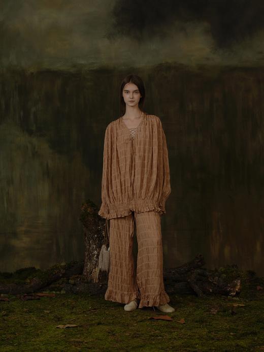 Mutedance 25AW 杏粉色真丝肌理褶皱系带上衣 商品图0