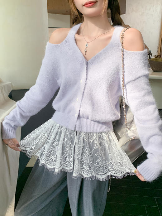 【169元任选2件】现货！紫色露肩下摆蕾丝边毛衣 商品图6