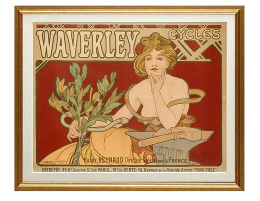 独角鹿西洋古董 1898年法国出品捷克国宝级画家穆夏签名创作海报作品《威弗利自行车 Waverley Cycles》 商品图1